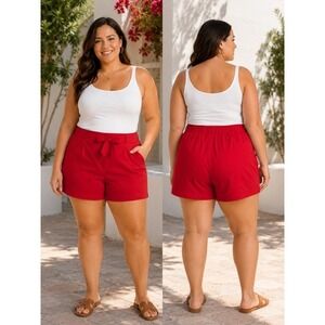 Star Style Red High Waisted Tie Front Shorts Plus Size 1X Elastic Back Stretch